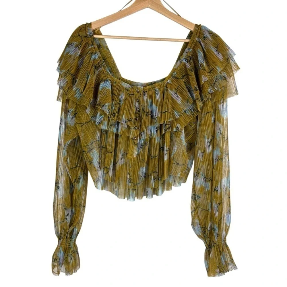 FREE PEOPLE FRILLS AND THRILLS RUFFLED TIERED SHEER FLORAL LONG SLEEVE CROP TOP